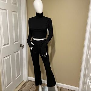Knit Two Pieces Set Crop Top Mock Neck Blouse High Waist Flare Pants High Rise